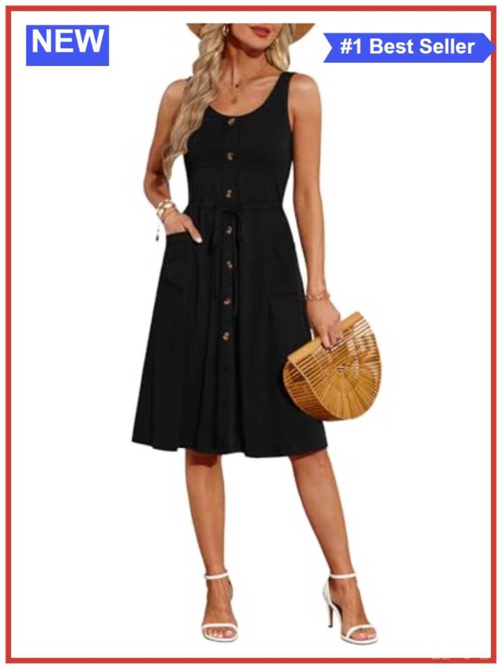 Zattcas Womens Summer Button Down Tie Waist Sleeveless Midi Dress with Pockets